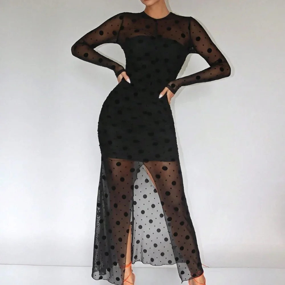 Black Preppy Womens Polka Dot Print Split Thigh Mesh Dress_2